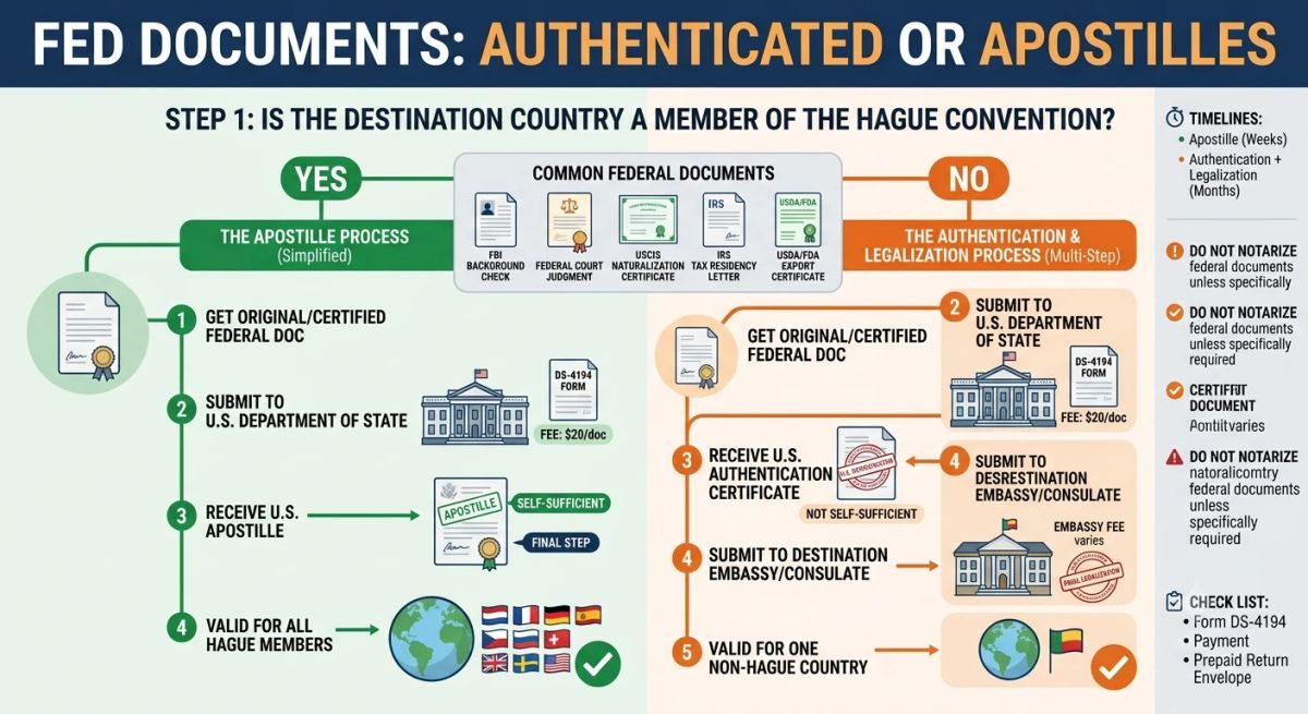 Infographic illustrating the apostille and authentication processes for federal documents, used by On Demand Dox for efficient services.